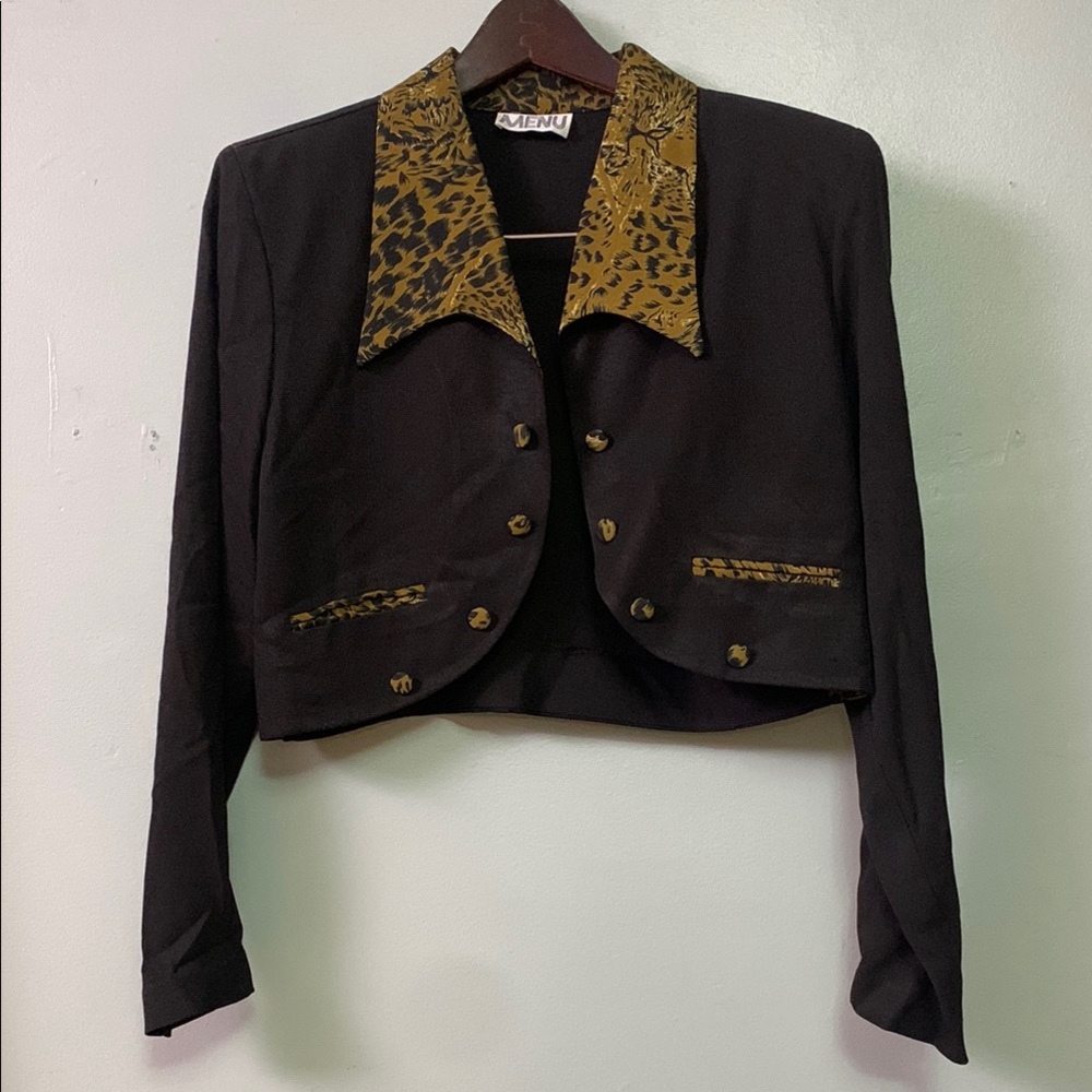 Vintage MENU Black and Gold Leopard Trim Crop Blazer